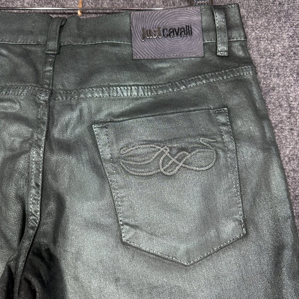 Just Cavalli  Jeans Womens 30 Green Waxy Skinny Cotton Stretch Pockets Zip Fly - Picture 9 of 9